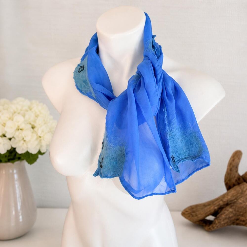 Handmade Nuno Felted Silk Scarf Blue Teal Beaded Artisan Wearable Art Long Scarf